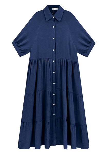 WOMEN'S SUMMER COTTON HALF SLEEVES MIDI DRESS WITH POCKETS