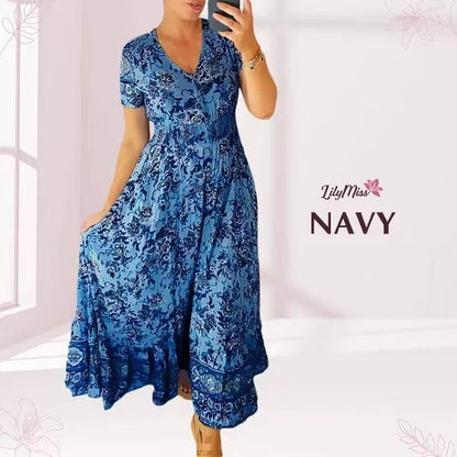 🔥LAST DAY 70% OFF🔥Boho Floral Print Short Sleeve V Neck Elegant Maxi Dress 🔥 (Buy 2 Free Shipping)