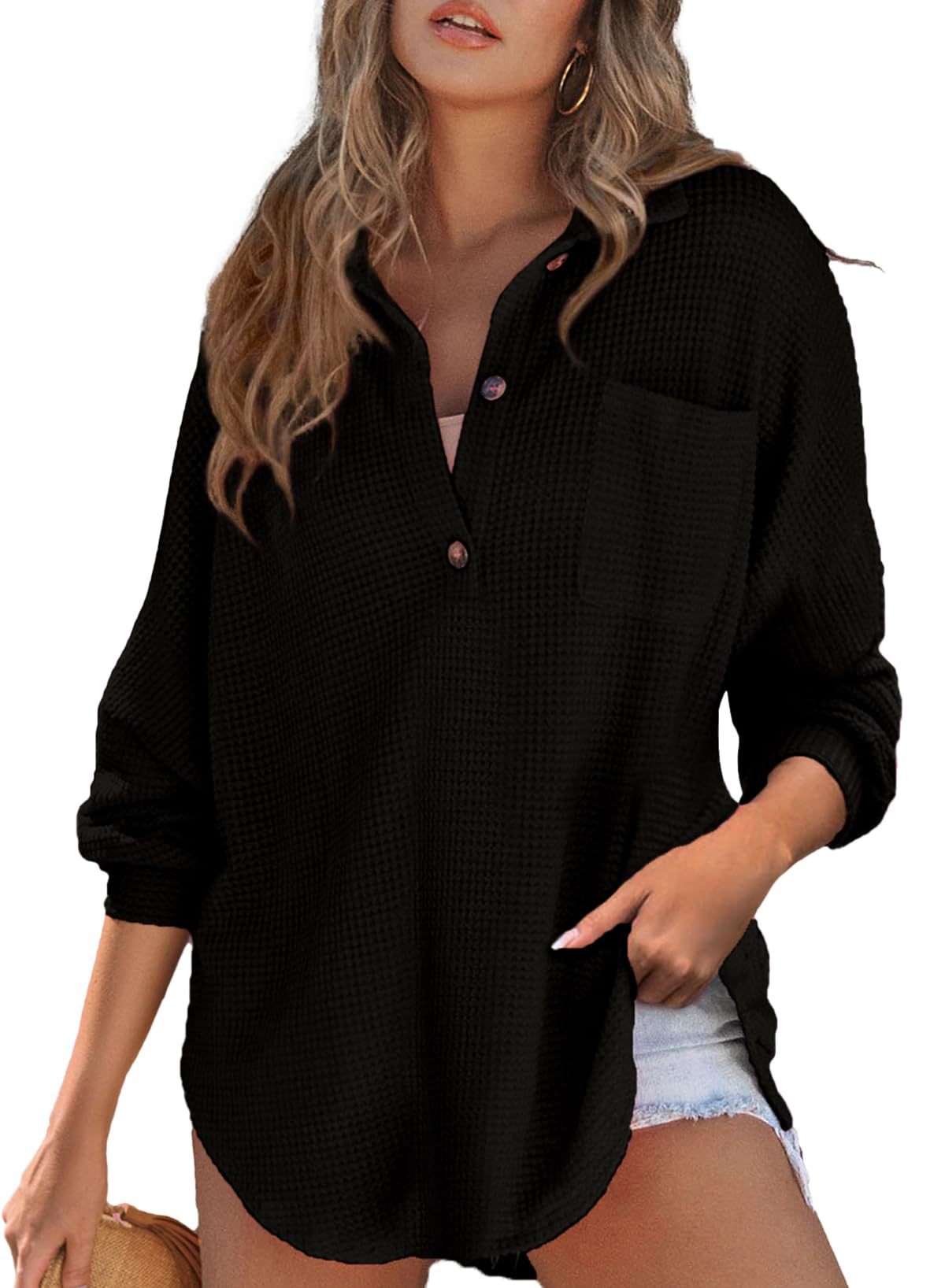 2024 NEW WOMEN'S WAFFLE KNIT HENLEY V NECK SHIRT JACKET (BUY 2  FREE SHIPPING)