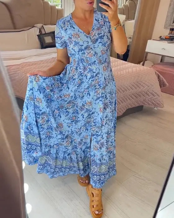 🔥LAST DAY 70% OFF🔥Boho Floral Print Short Sleeve V Neck Elegant Maxi Dress 🔥 (Buy 2 Free Shipping)