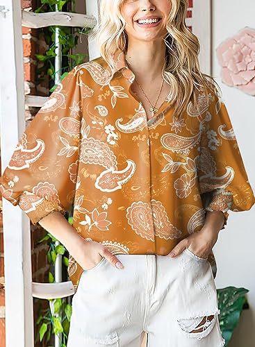 Women's Loose V-Neck Paisley Print Lantern Sleeve Blouse Top (BUY 2 FREE SHIPPING)