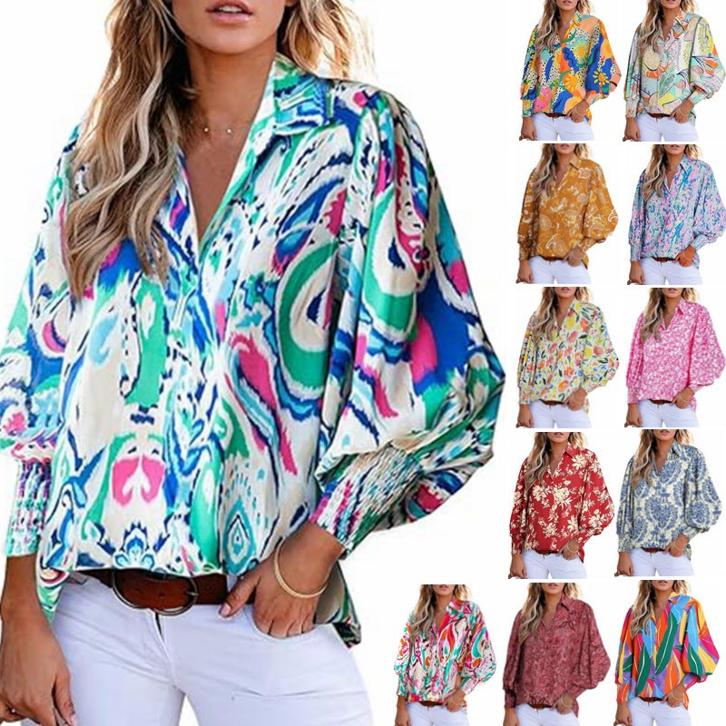 Women's Loose V-Neck Paisley Print Lantern Sleeve Blouse Top (BUY 2 FREE SHIPPING)