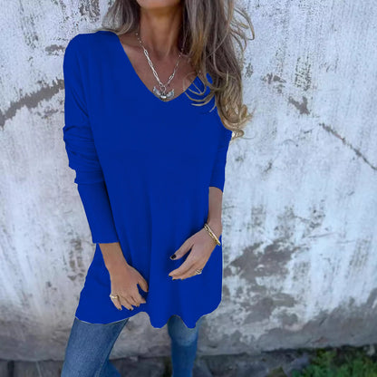 Solid Color Knit Long Sleeve V Neck Loose Fit Blouse