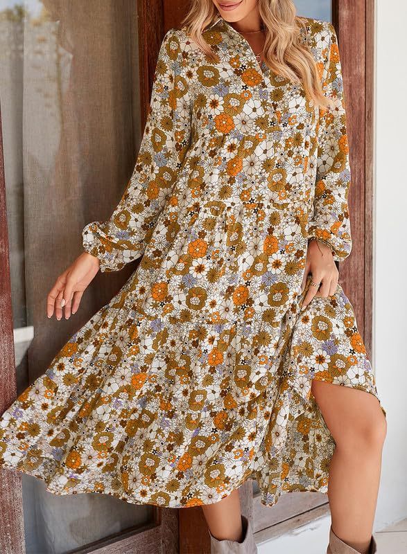 Women's Long Sleeve V Neck Bohemian Midi Dress