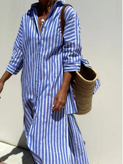 Classic Striped Lace-Up Shirt Dress