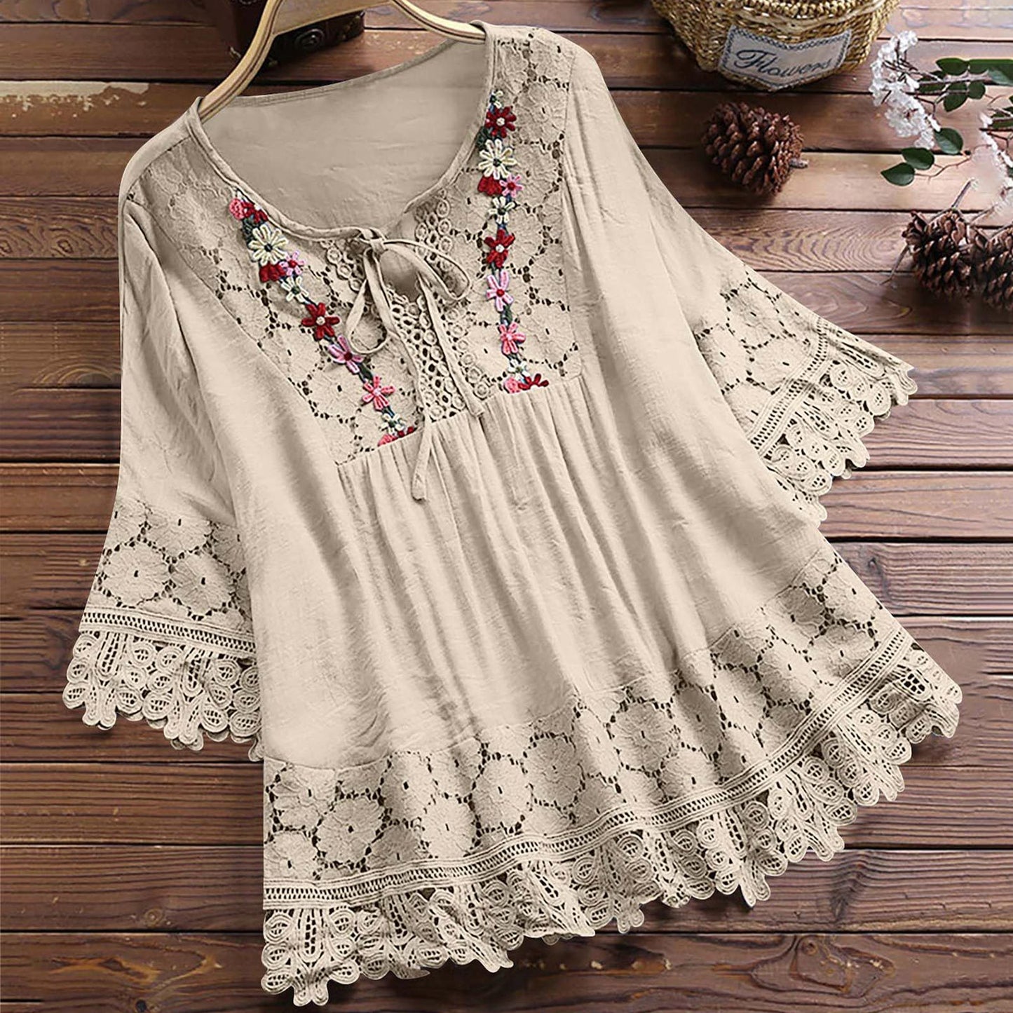 🔥Plus Size Blouses for Women Cotton Linen Elegant Blouse Lace Embroidery V Neck Shirts