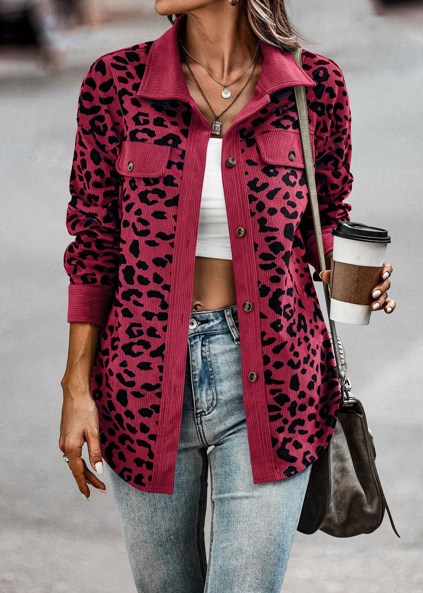 Women's Leopard Print Button Long-sleeve Jacket