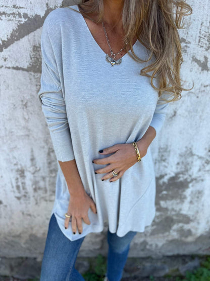 Solid Color Knit Long Sleeve V Neck Loose Fit Blouse