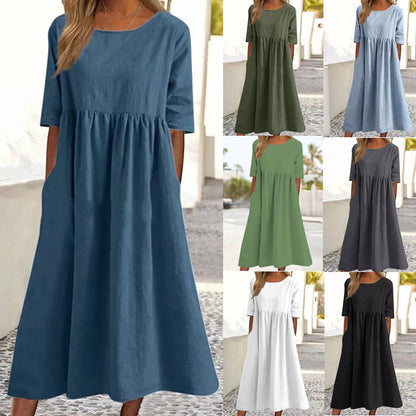 🔥Women's Casual Basic Outdoor Crew Neck Pocket Smocked Cotton Dress