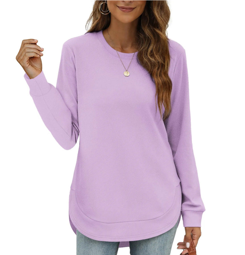 Womens Sweatshirt Crewneck Basic Long Sleeve Shirts High Low Tops Curved Hem(Buy 2 Free Shipping)