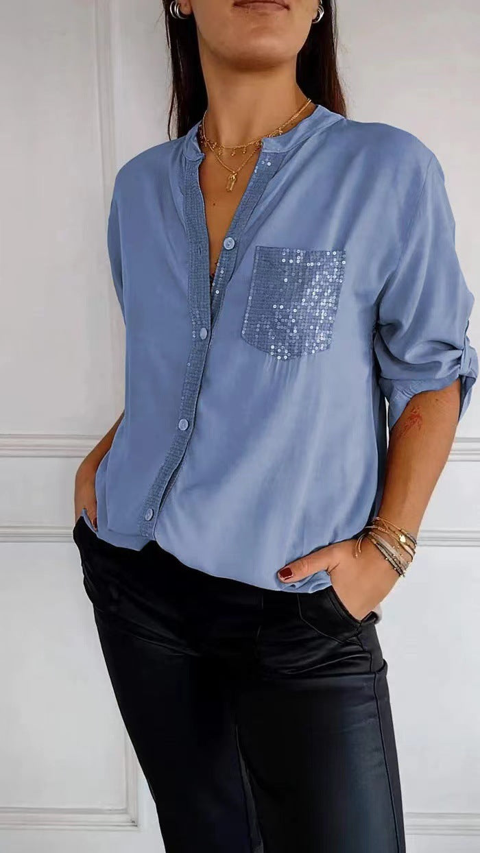 Cotton V-neck Sequin Mid-sleeve Casual Top (Buy 2 Free Shipping)