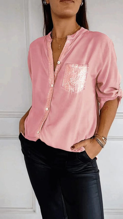 Cotton V-neck Sequin Mid-sleeve Casual Top (Buy 2 Free Shipping)