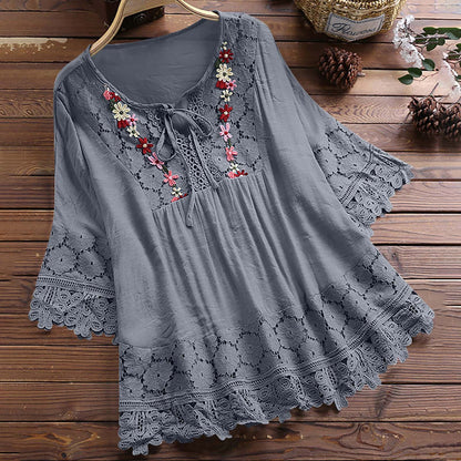 🔥Plus Size Blouses for Women Cotton Linen Elegant Blouse Lace Embroidery V Neck Shirts