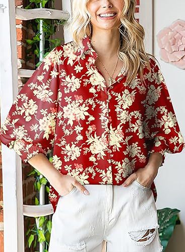 Women's Loose V-Neck Paisley Print Lantern Sleeve Blouse Top (BUY 2 FREE SHIPPING)