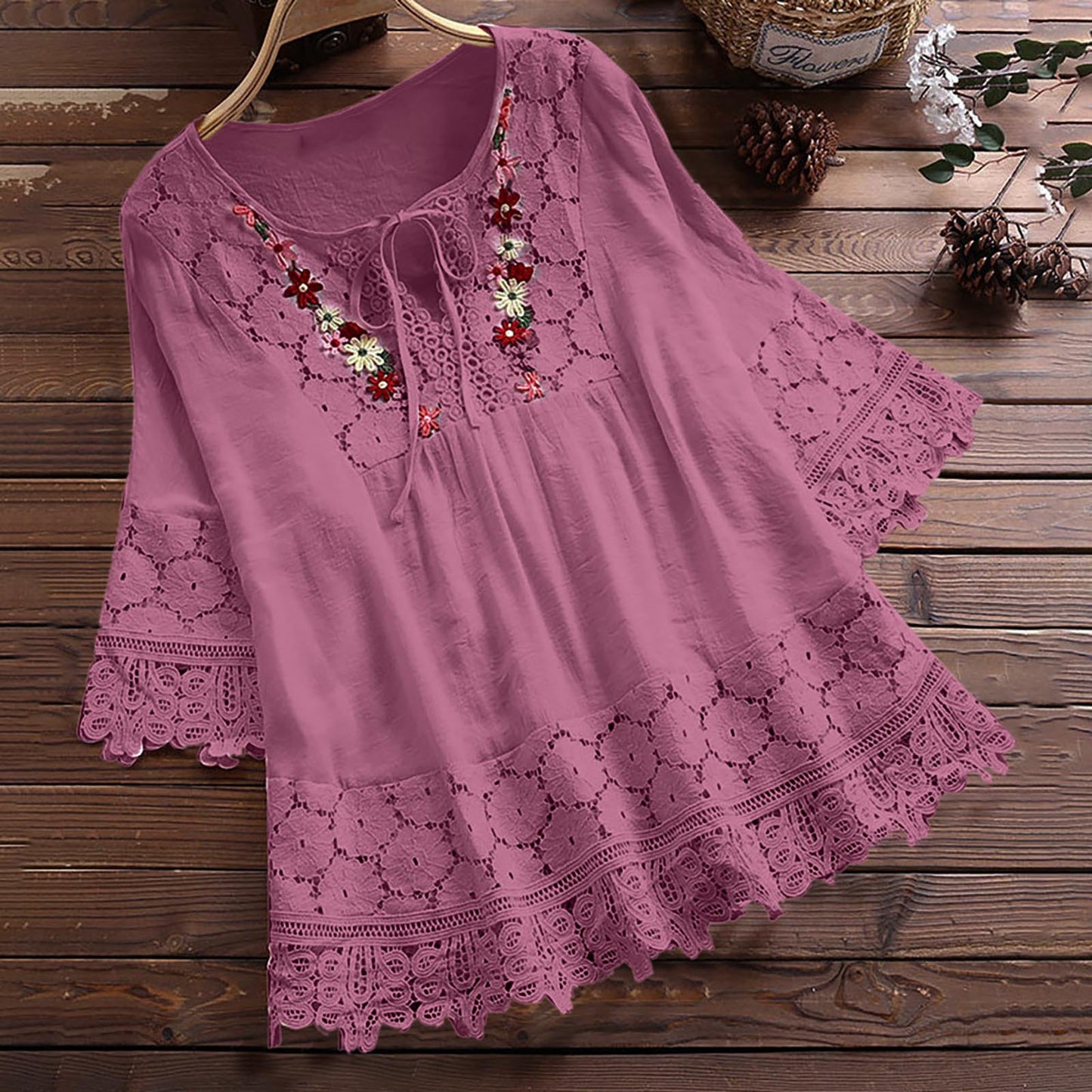 🔥Plus Size Blouses for Women Cotton Linen Elegant Blouse Lace Embroidery V Neck Shirts