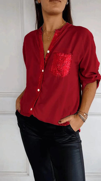 Cotton V-neck Sequin Mid-sleeve Casual Top (Buy 2 Free Shipping)