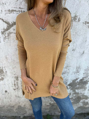 Solid Color Knit Long Sleeve V Neck Loose Fit Blouse