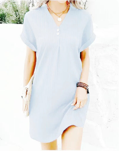 🌷Summer Hot Sale 🍃Simple Solid Color V-Neck Short Sleeve Dress for Women