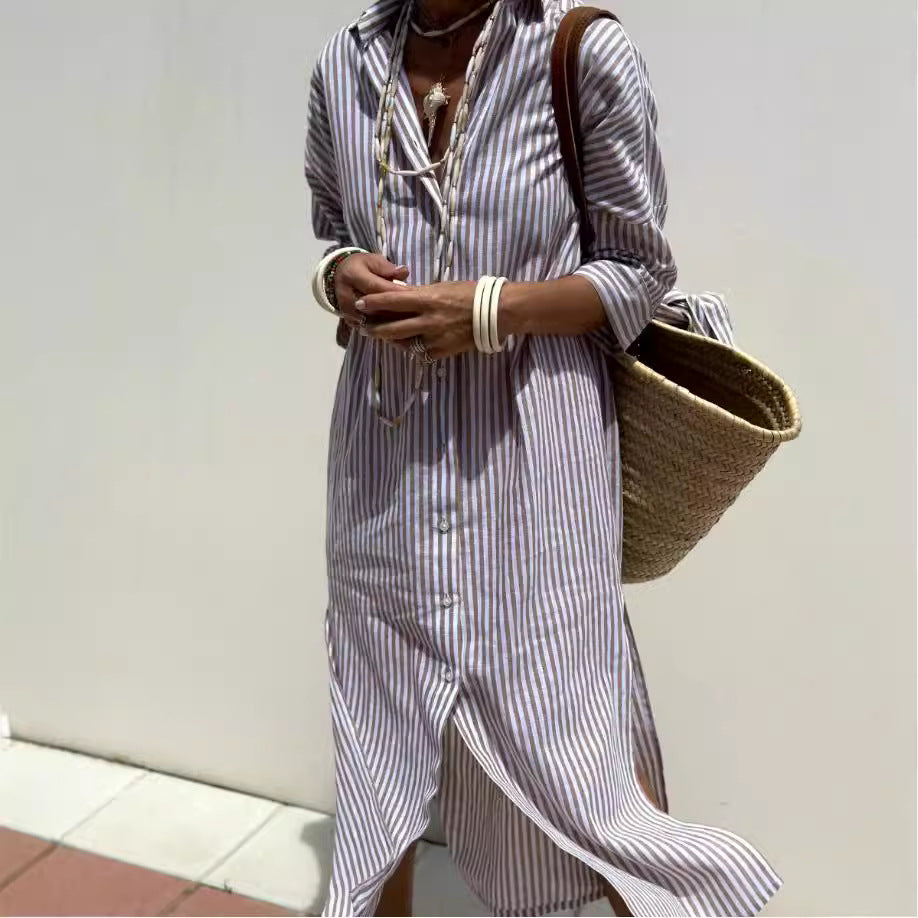 Classic Striped Lace-Up Shirt Dress