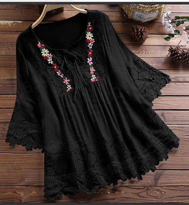 🔥Plus Size Blouses for Women Cotton Linen Elegant Blouse Lace Embroidery V Neck Shirts