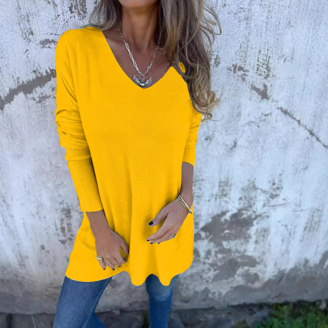 Solid Color Knit Long Sleeve V Neck Loose Fit Blouse