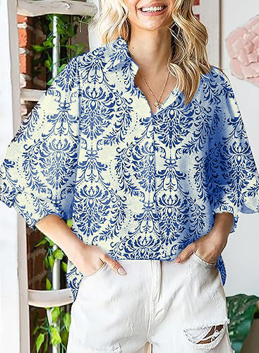 Women's Loose V-Neck Paisley Print Lantern Sleeve Blouse Top (BUY 2 FREE SHIPPING)