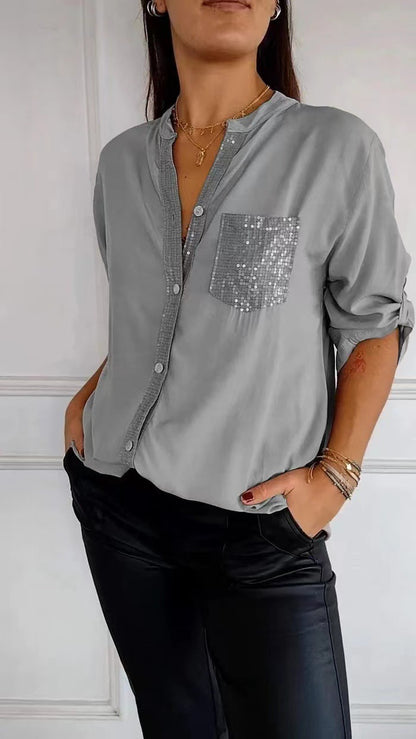 Cotton V-neck Sequin Mid-sleeve Casual Top (Buy 2 Free Shipping)