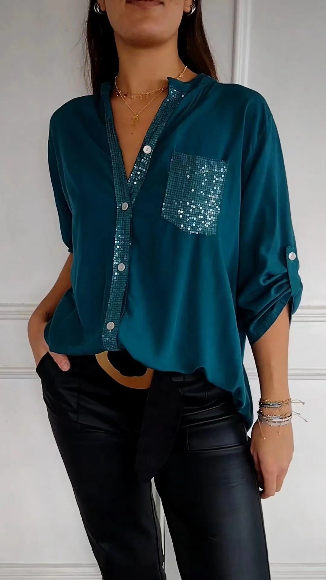 Cotton V-neck Sequin Mid-sleeve Casual Top (Buy 2 Free Shipping)