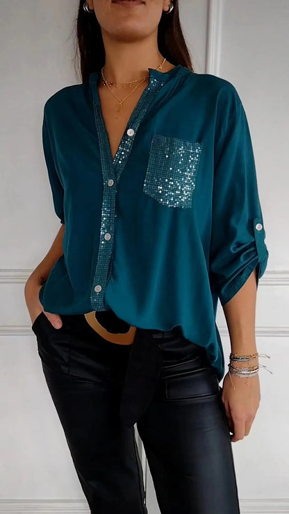 Cotton V-neck Sequin Mid-sleeve Casual Top (Buy 2 Free Shipping)