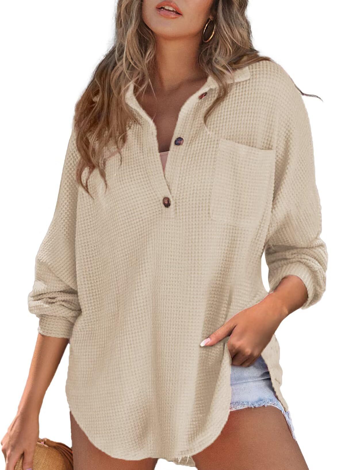 2024 NEW WOMEN'S WAFFLE KNIT HENLEY V NECK SHIRT JACKET (BUY 2  FREE SHIPPING)