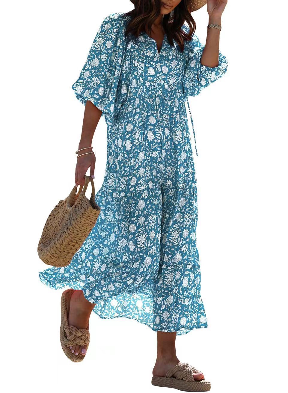 Women's Puff Sleeve Floral Boho Maxi Dress (Buy 2 Free Shipping)