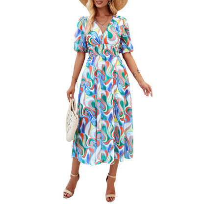 Women's Elegant Printed V-neck Dres