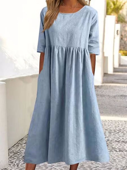 🔥Women's Casual Basic Outdoor Crew Neck Pocket Smocked Cotton Dress