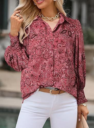 Women's Loose V-Neck Paisley Print Lantern Sleeve Blouse Top (BUY 2 FREE SHIPPING)