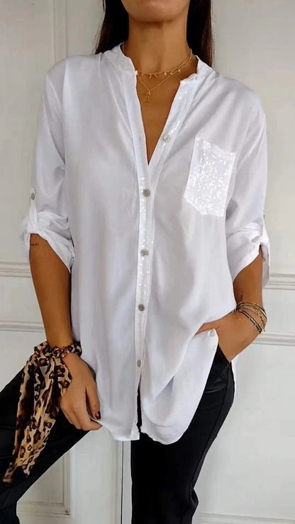 Cotton V-neck Sequin Mid-sleeve Casual Top (Buy 2 Free Shipping)