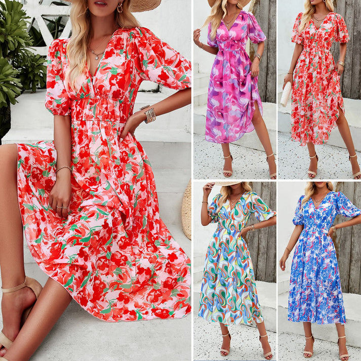 Women's Elegant Printed V-neck Dres