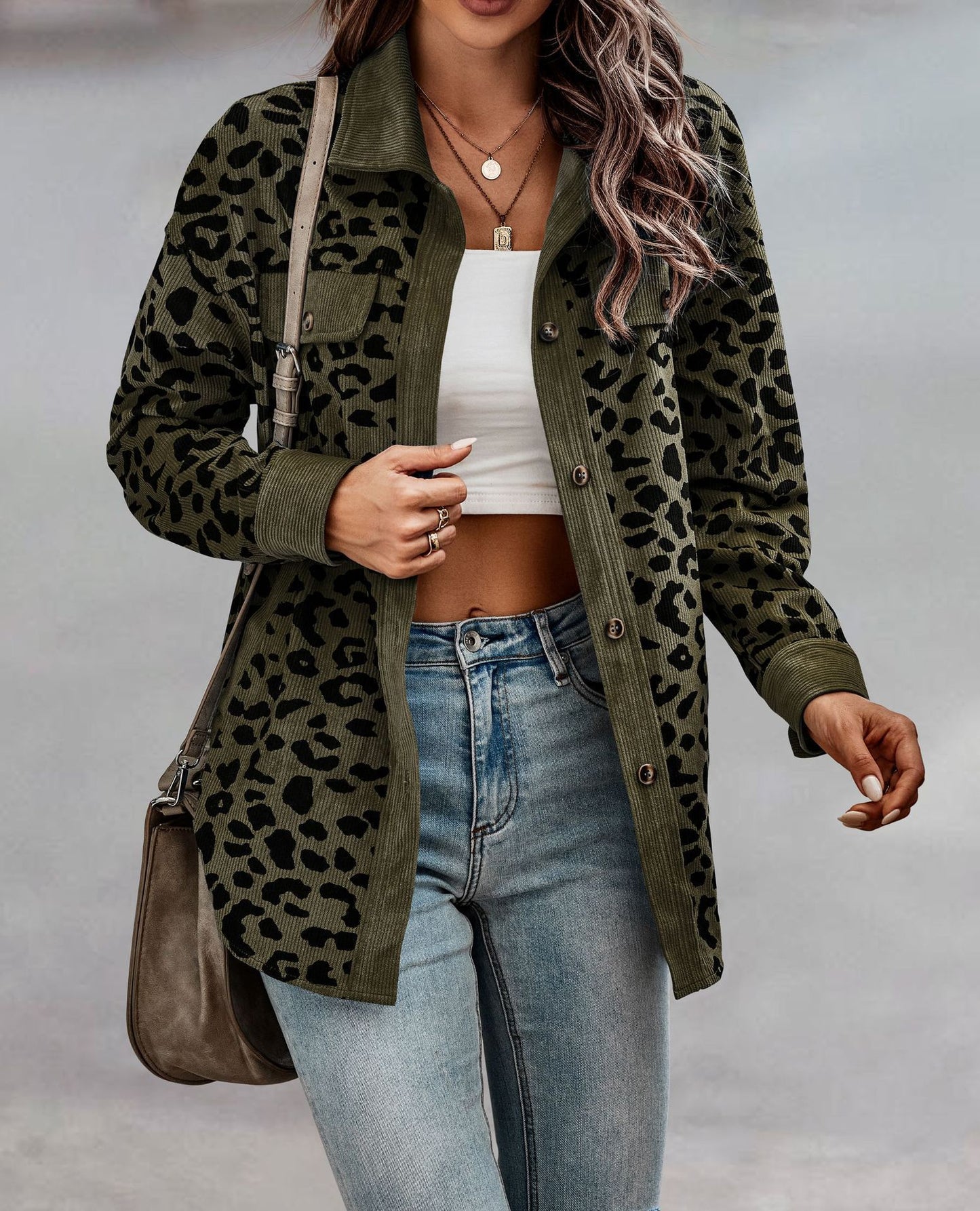 Women's Leopard Print Button Long-sleeve Jacket