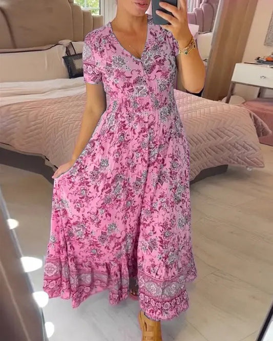 🔥LAST DAY 70% OFF🔥Boho Floral Print Short Sleeve V Neck Elegant Maxi Dress 🔥 (Buy 2 Free Shipping)