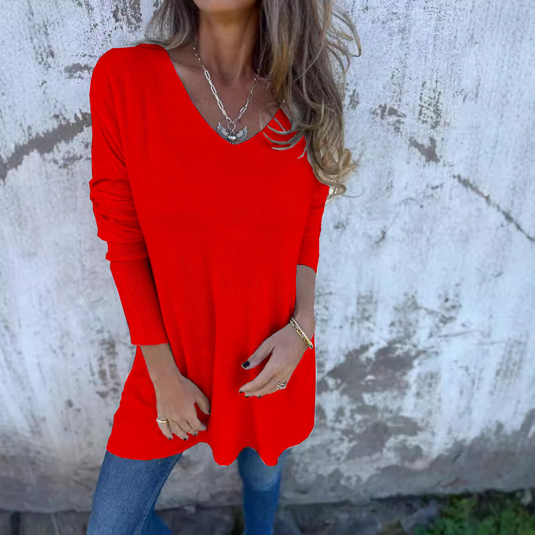 Solid Color Knit Long Sleeve V Neck Loose Fit Blouse