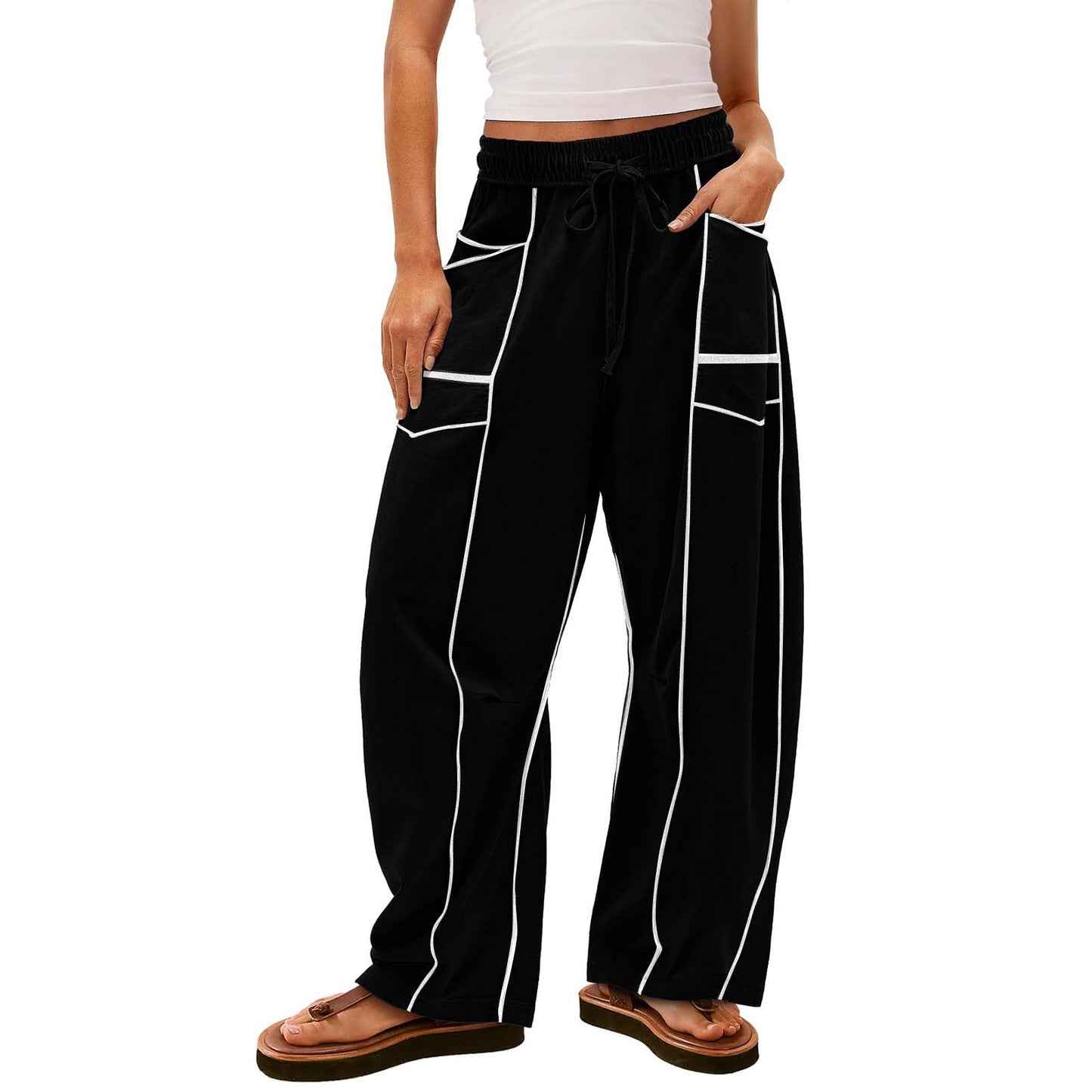 Womens Baggy Barrel Pants Wide Leg Lounge Drawstring Sweatpants with Pockets👖