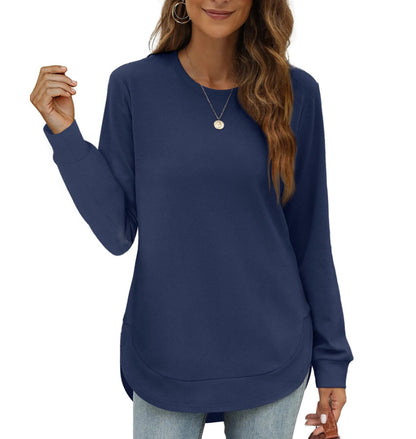 Womens Sweatshirt Crewneck Basic Long Sleeve Shirts High Low Tops Curved Hem(Buy 2 Free Shipping)