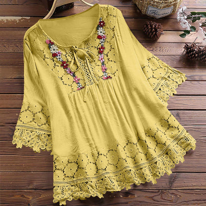 🔥Plus Size Blouses for Women Cotton Linen Elegant Blouse Lace Embroidery V Neck Shirts