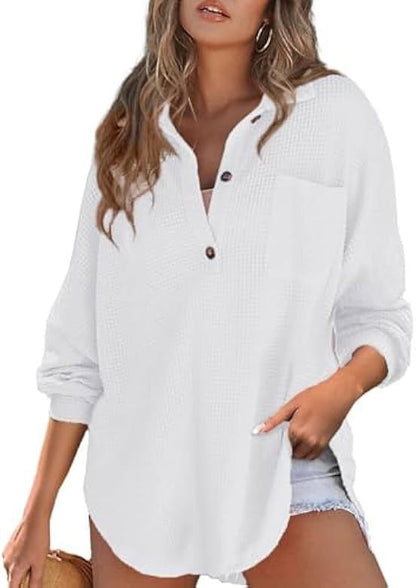 2024 NEW WOMEN'S WAFFLE KNIT HENLEY V NECK SHIRT JACKET (BUY 2  FREE SHIPPING)