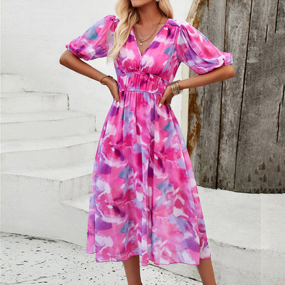 Women's Elegant Printed V-neck Dres