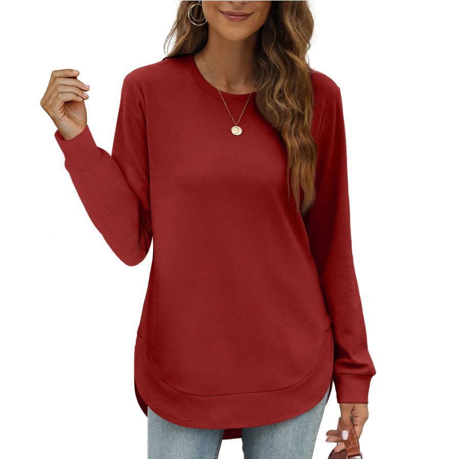 Womens Sweatshirt Crewneck Basic Long Sleeve Shirts High Low Tops Curved Hem(Buy 2 Free Shipping)