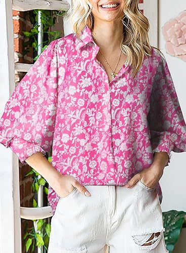 Women's Loose V-Neck Paisley Print Lantern Sleeve Blouse Top (BUY 2 FREE SHIPPING)