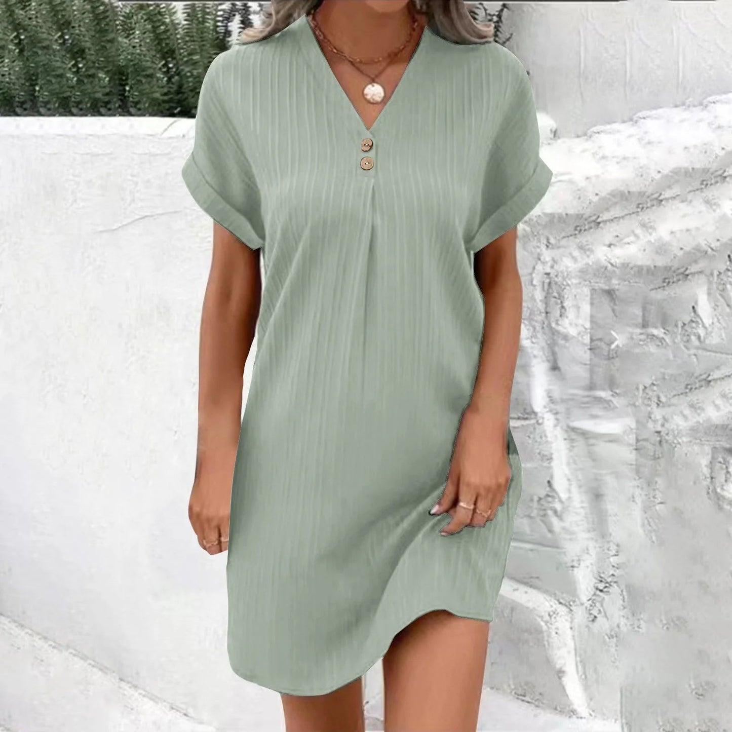 🌷Summer Hot Sale 🍃Simple Solid Color V-Neck Short Sleeve Dress for Women