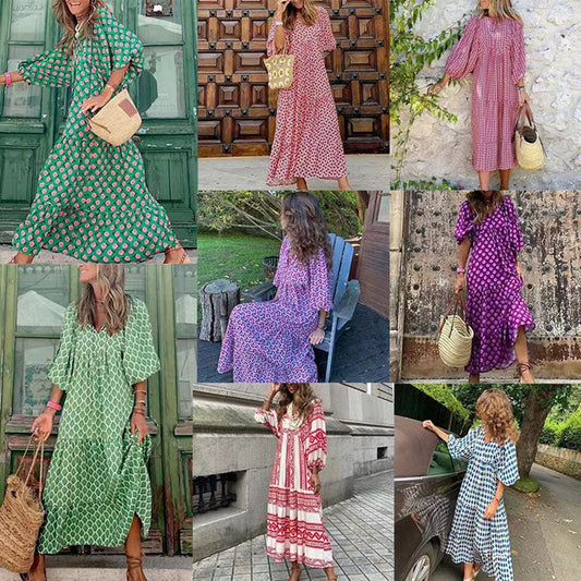 Women's Puff Sleeve Floral Boho Maxi Dress (Buy 2 Free Shipping)