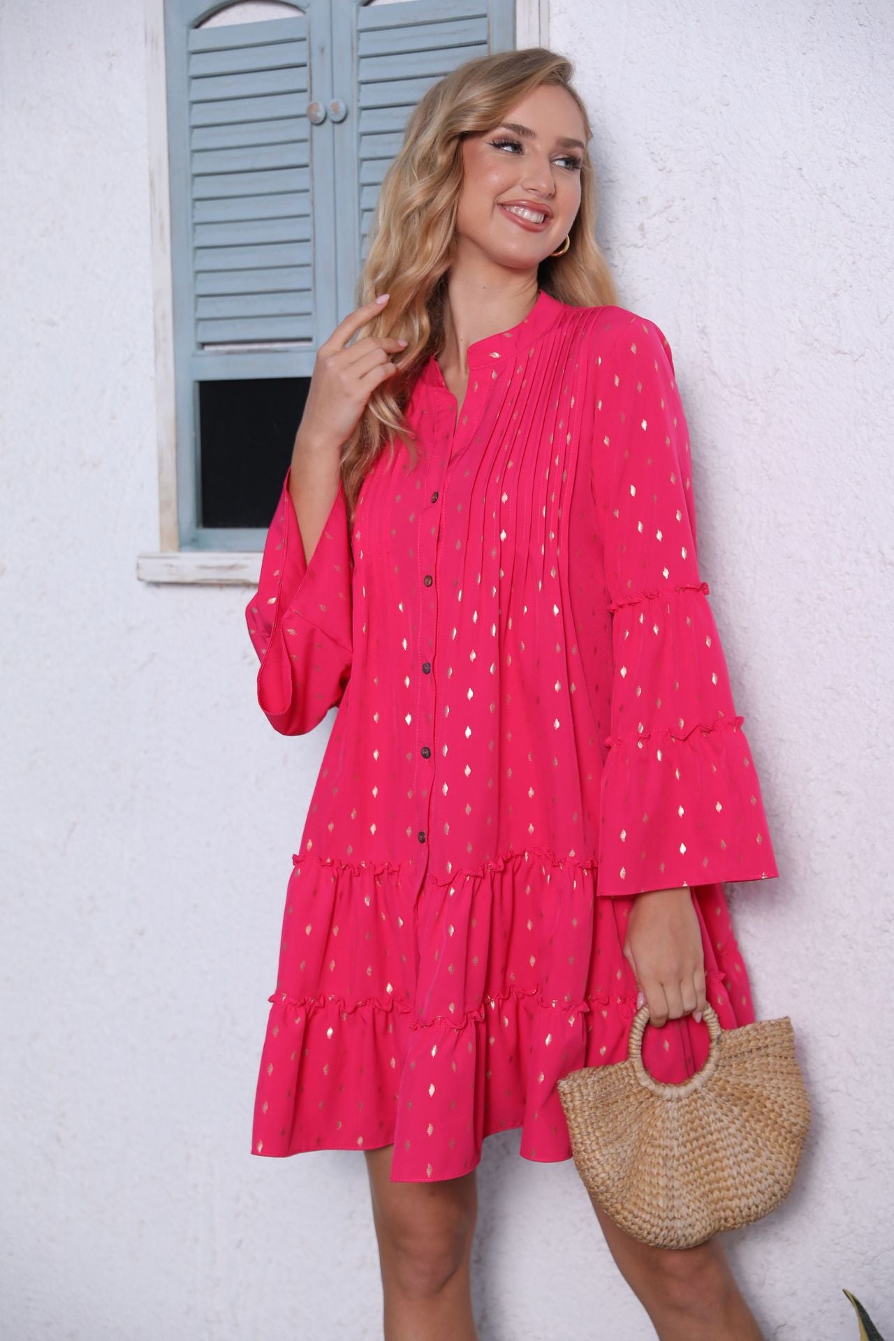 V-neck Bell Sleeve Casual Dress