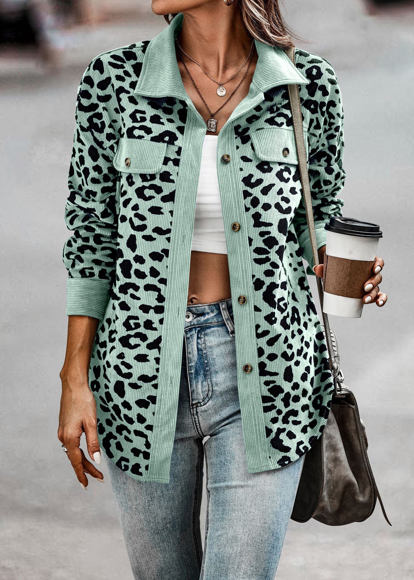 Women's Leopard Print Button Long-sleeve Jacket